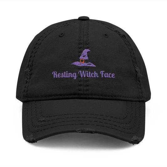 Resting Witch Face Embroidered Distressed Dad Hat - Halloween Costume