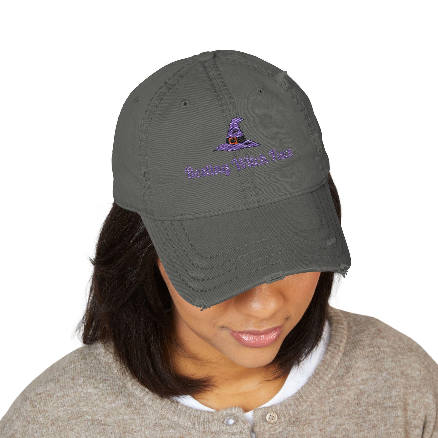 Resting Witch Face Embroidered Distressed Dad Hat - Halloween Costume