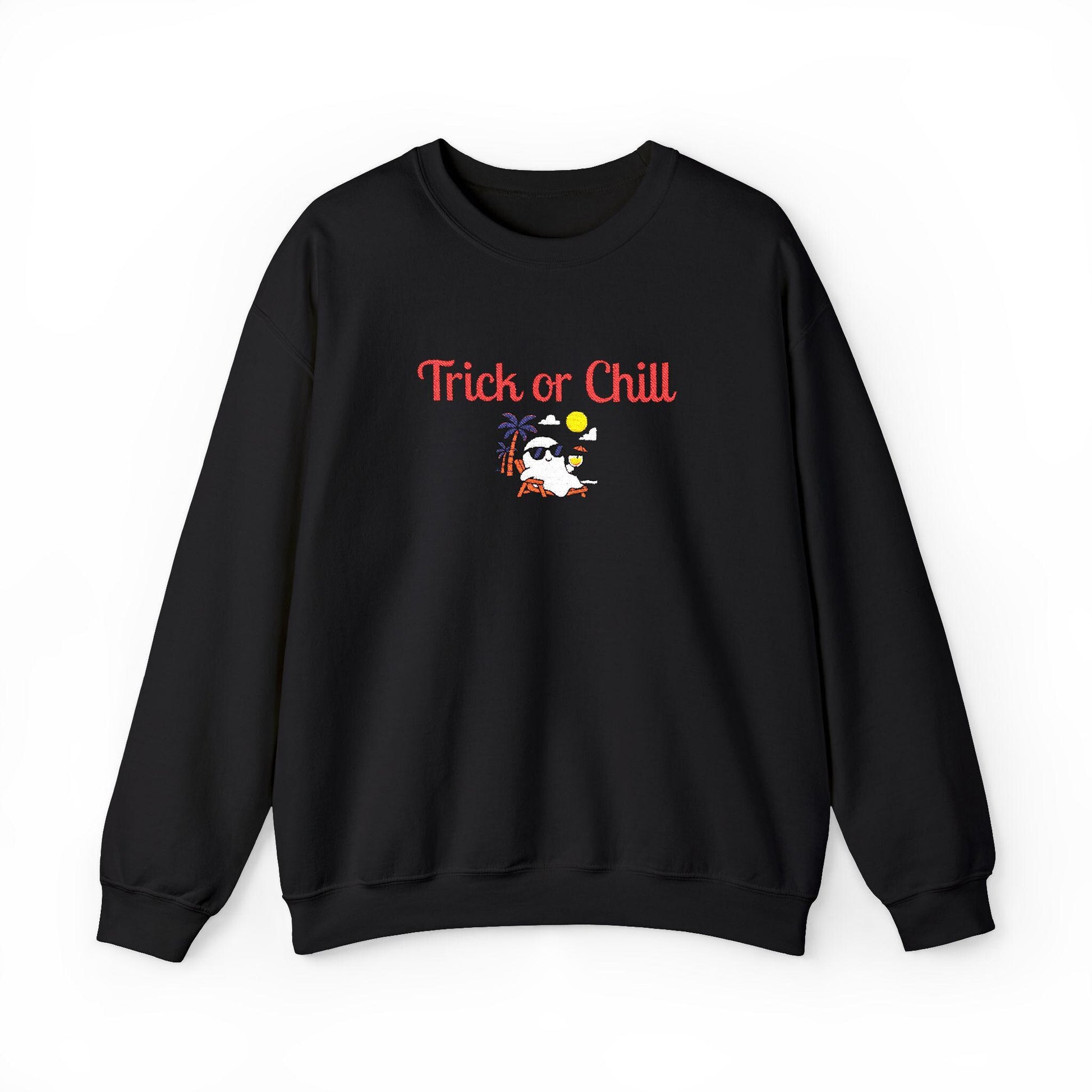 Trick or Chill Sweatshirt, Halloween Crewneck, Embroidered Jumper, Unisex Pullover, Cozy Fall Sweater