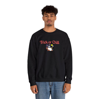 Trick or Chill Sweatshirt, Halloween Crewneck, Embroidered Jumper, Unisex Pullover, Cozy Fall Sweater