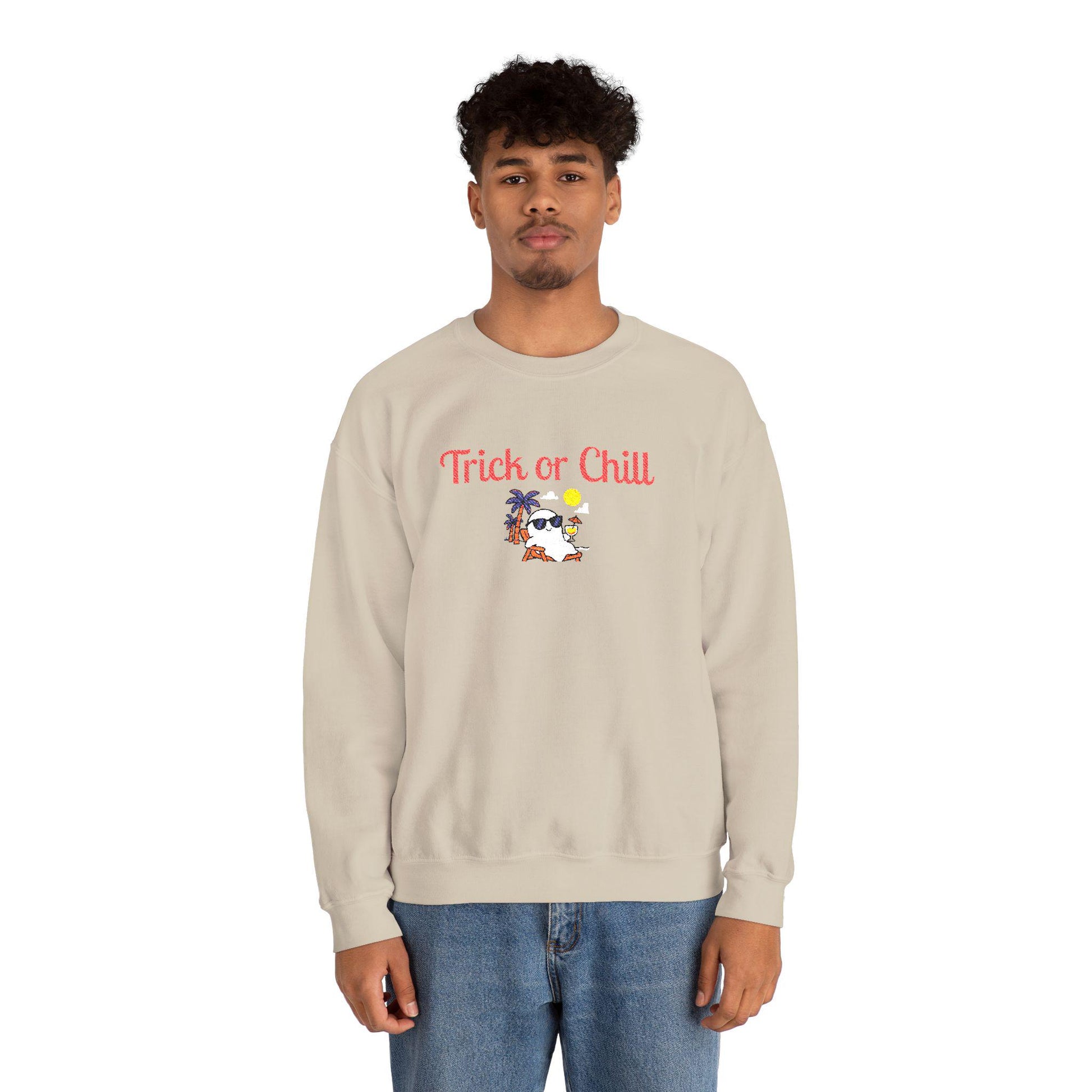 Trick or Chill Sweatshirt, Halloween Crewneck, Embroidered Jumper, Unisex Pullover, Cozy Fall Sweater