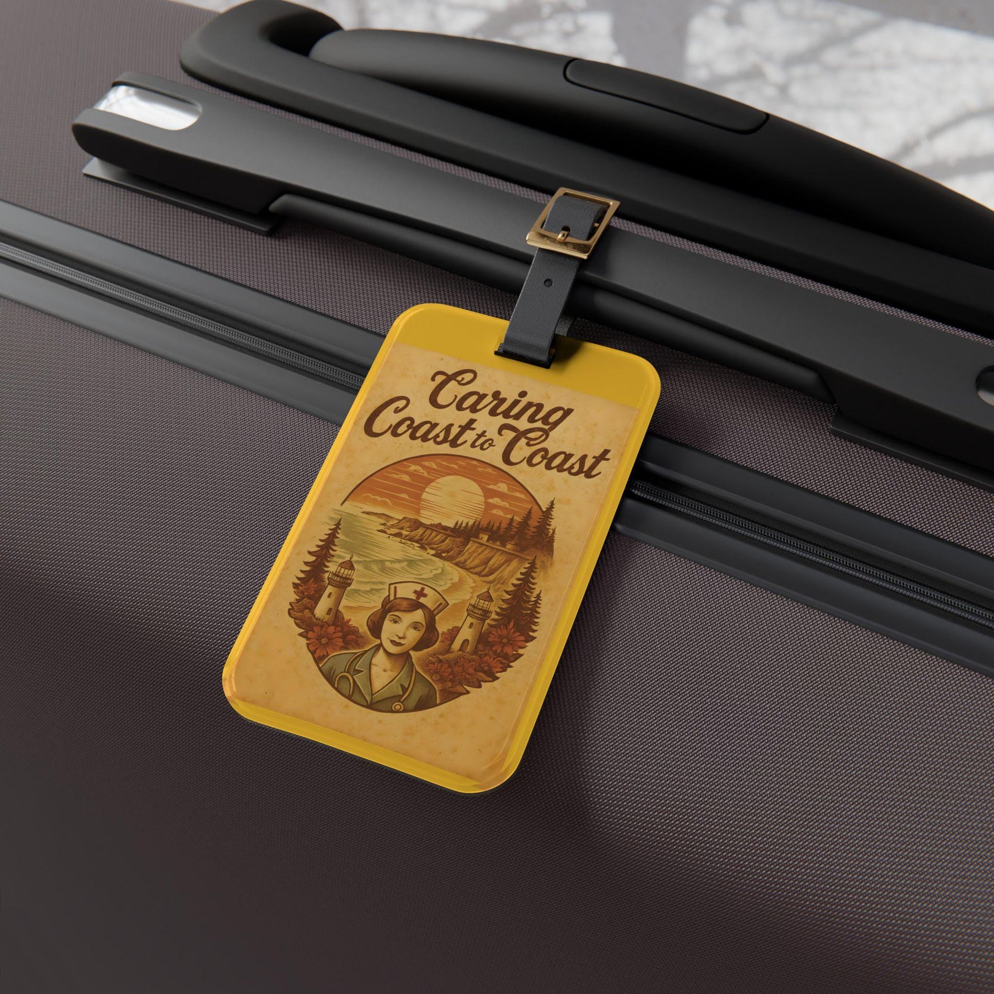 Vintage Travel Nurse Luggage Tag: Oregon Theme, Acrylic with Leather Strap