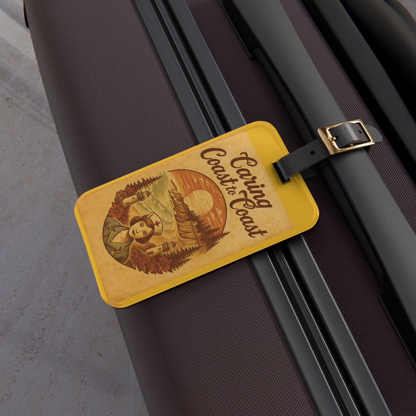 Vintage Travel Nurse Luggage Tag: Oregon Theme, Acrylic with Leather Strap