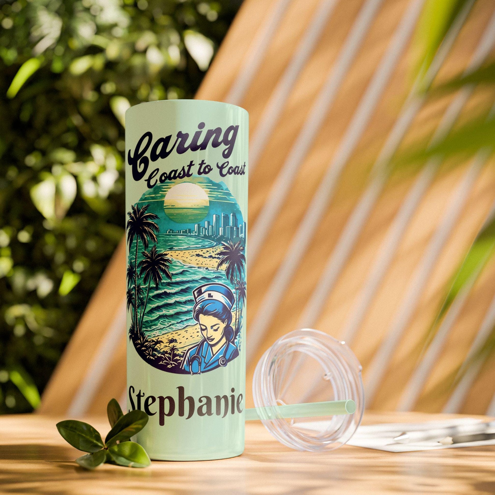 Personalized Travel Nurse Tumbler: Miami Beach Theme, Eco-Friendly Drinkware