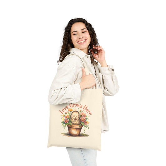 Love Grows Here Cotton Canvas Tote Bag: Floral Eco-Friendly Shopping Bag