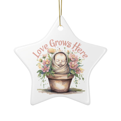 Love Grows Here Ceramic Ornaments, 2-Sided Print, Nursery Decor, Baby Shower Gift, Holiday Ornament, Floral Keepsake