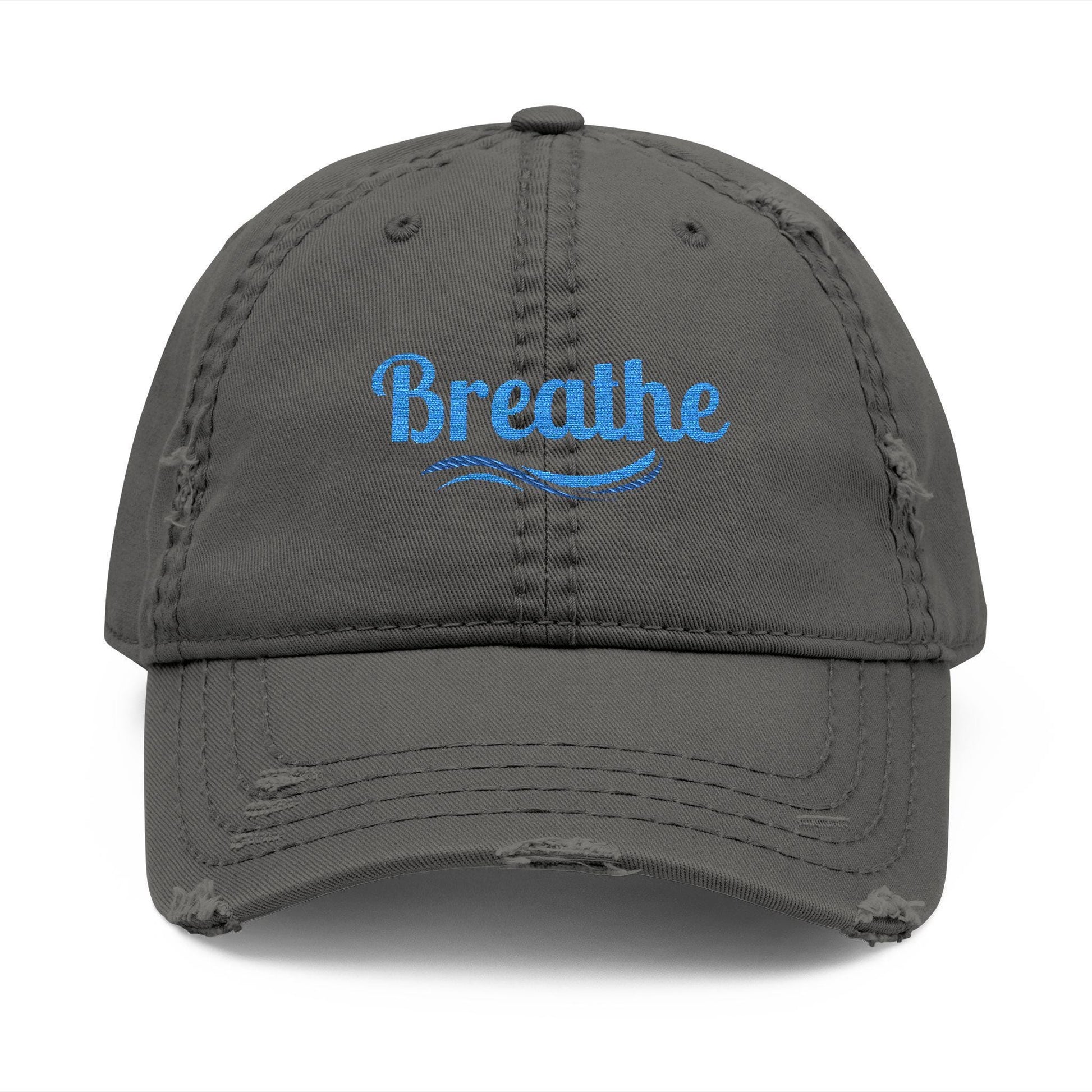 Embroidered "Breathe" Distressed Hat, Mental Health Motivation, Unisex Baseball Cap, Distressed Design, Breathable Headwear