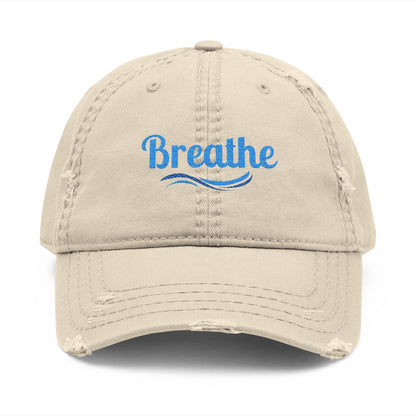 Embroidered "Breathe" Distressed Hat, Mental Health Motivation, Unisex Baseball Cap, Distressed Design, Breathable Headwear