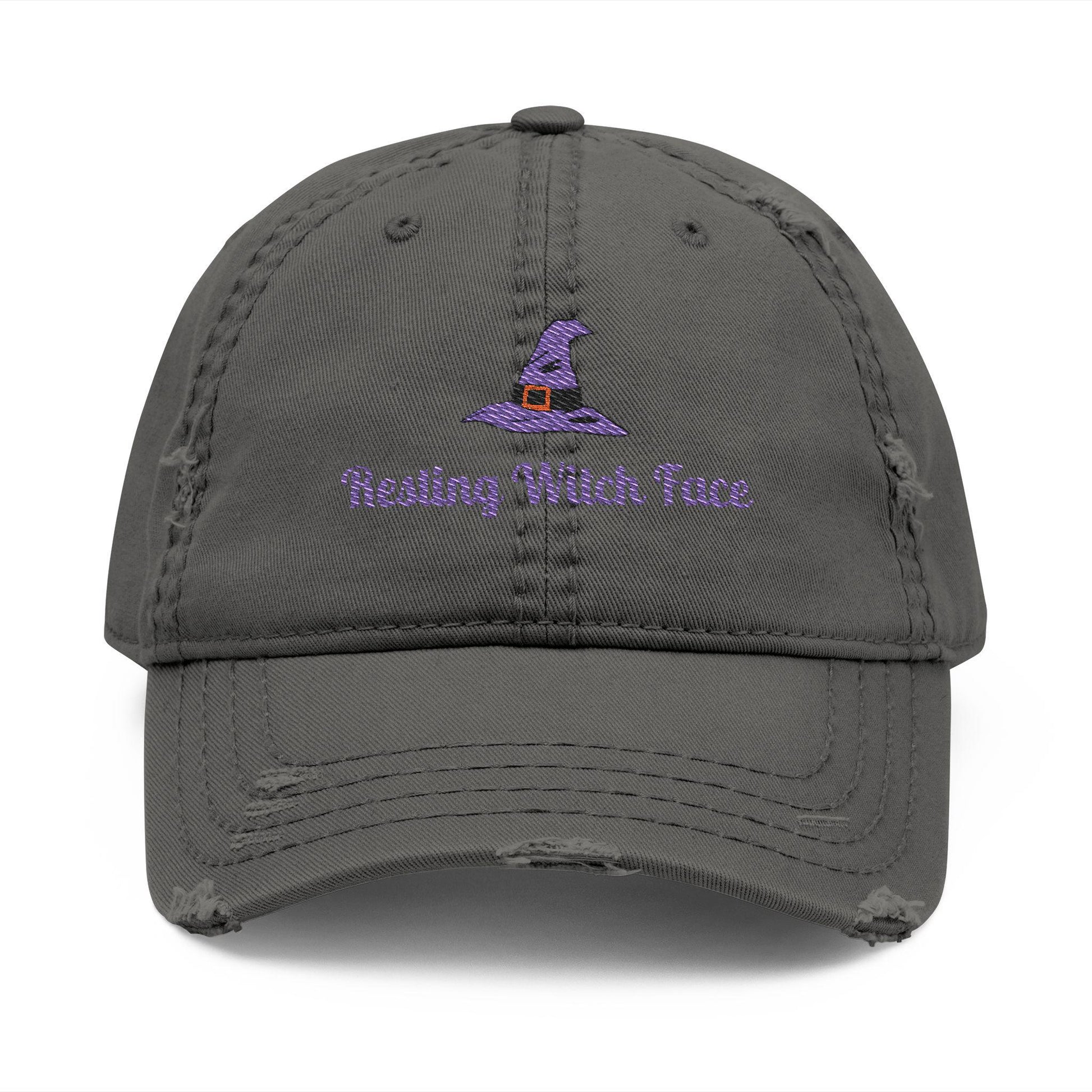 Resting Witch Face Embroidered Distressed Dad Hat - Halloween Costume