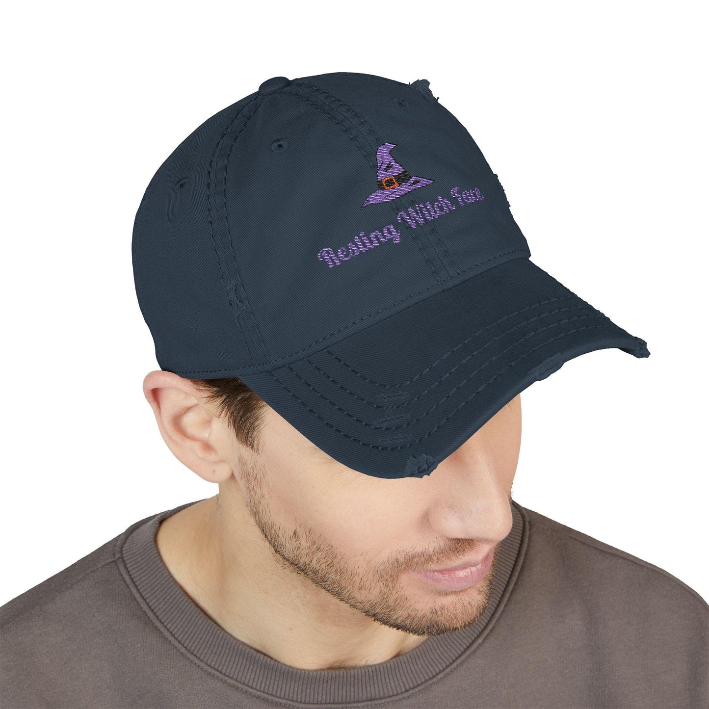 Resting Witch Face Embroidered Distressed Dad Hat - Halloween Costume