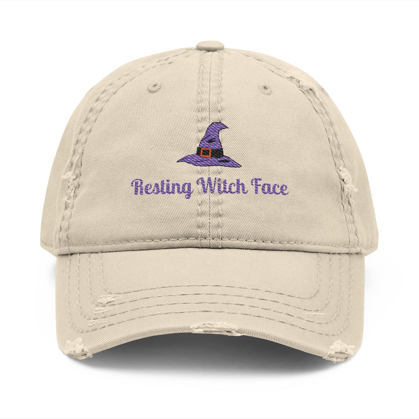 Resting Witch Face Embroidered Distressed Dad Hat - Halloween Costume