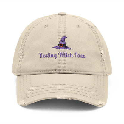 Resting Witch Face Embroidered Distressed Dad Hat - Halloween Costume