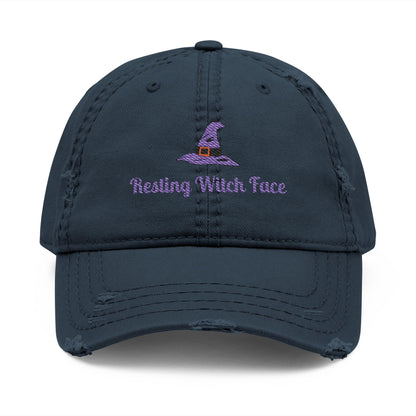 Resting Witch Face Embroidered Distressed Dad Hat - Halloween Costume
