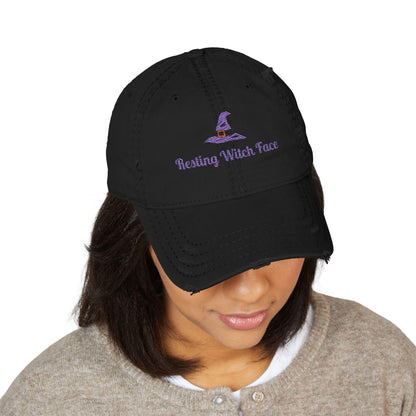 Resting Witch Face Embroidered Distressed Dad Hat - Halloween Costume