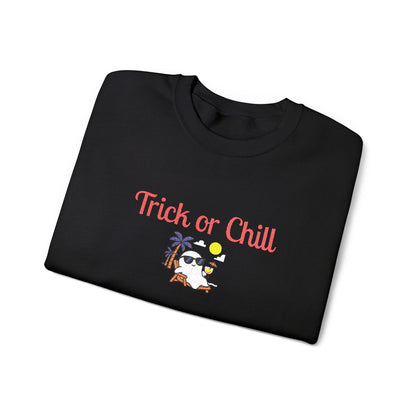 Trick or Chill Sweatshirt, Halloween Crewneck, Embroidered Jumper, Unisex Pullover, Cozy Fall Sweater
