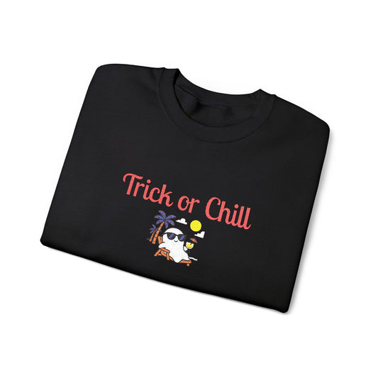 Trick or Chill Sweatshirt, Halloween Crewneck, Embroidered Jumper, Unisex Pullover, Cozy Fall Sweater