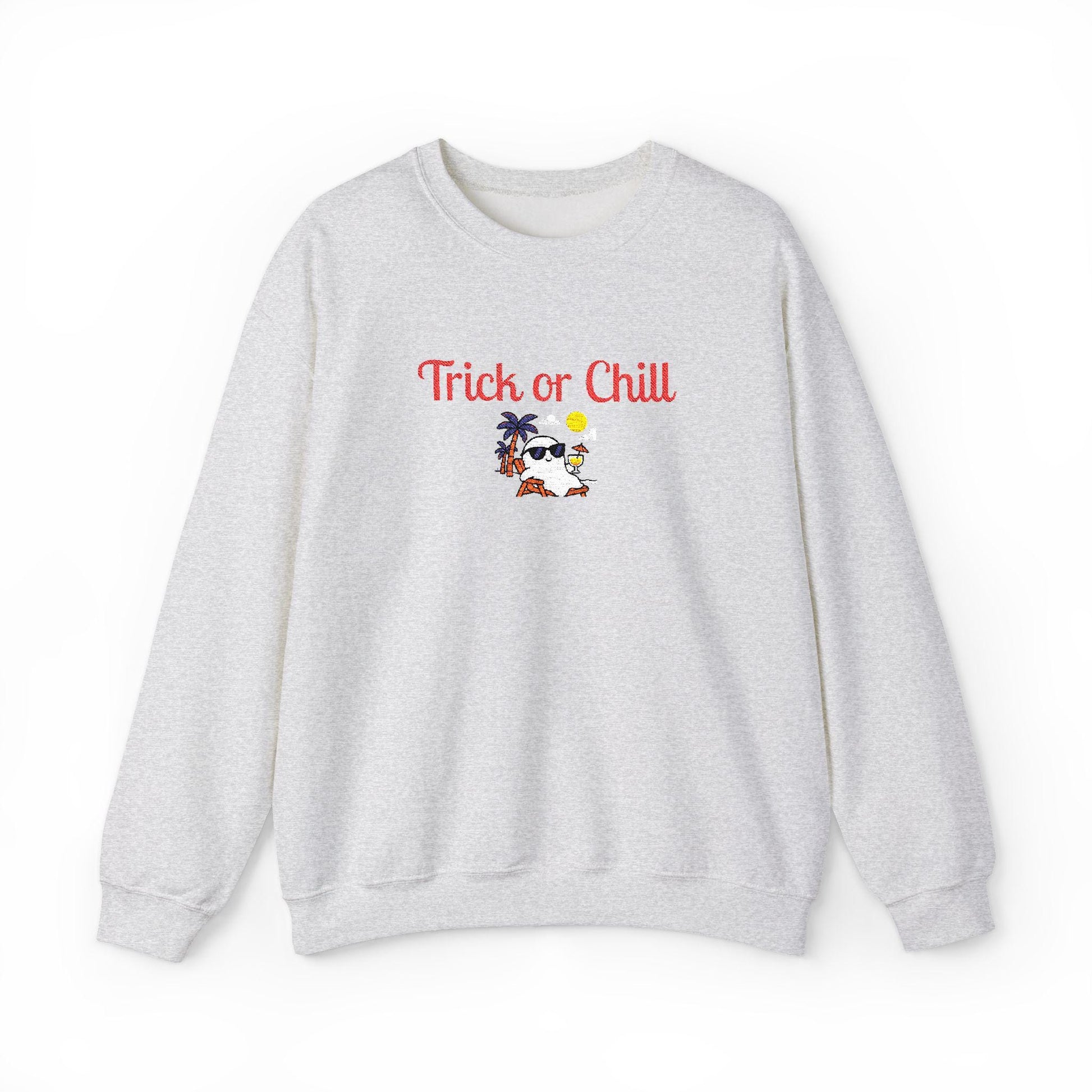 Trick or Chill Sweatshirt, Halloween Crewneck, Embroidered Jumper, Unisex Pullover, Cozy Fall Sweater
