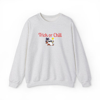 Trick or Chill Sweatshirt, Halloween Crewneck, Embroidered Jumper, Unisex Pullover, Cozy Fall Sweater
