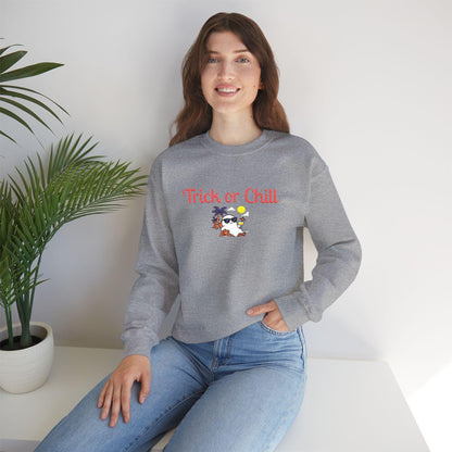 Trick or Chill Sweatshirt, Halloween Crewneck, Embroidered Jumper, Unisex Pullover, Cozy Fall Sweater