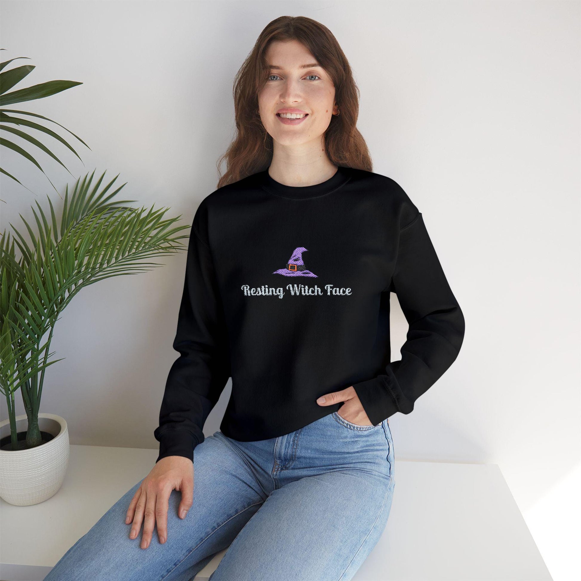 Resting Witch Face Embroidered Sweatshirt: Halloween Crewneck