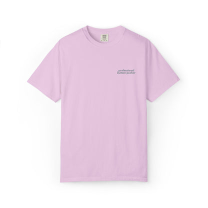 Embroidered Button Pusher T-Shirt: Funny Gen X Work Shirt
