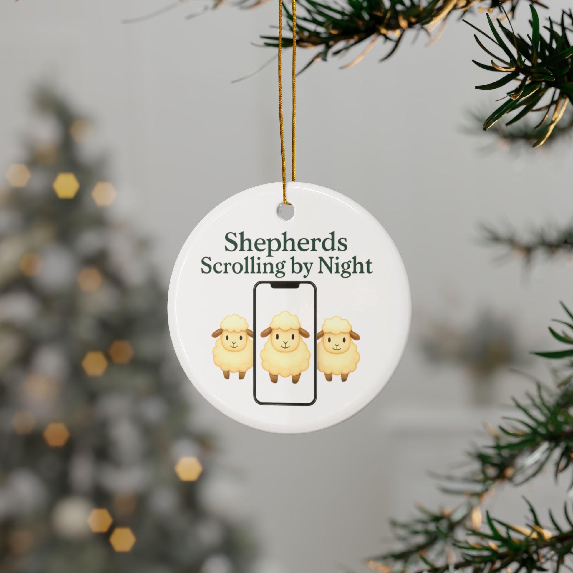 Ceramic Nativity Ornament: Shepherds Scrolling by Night, Religious Christmas Decor