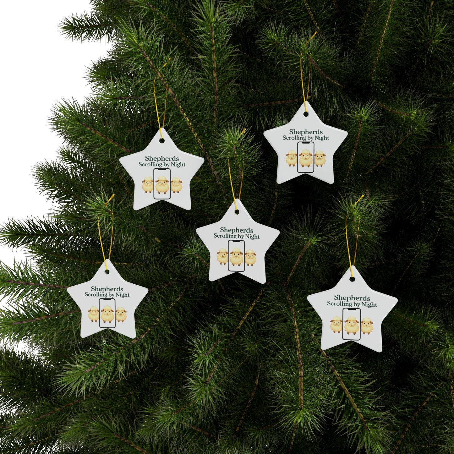 Ceramic Nativity Ornament: Shepherds Scrolling by Night, Religious Christmas Decor