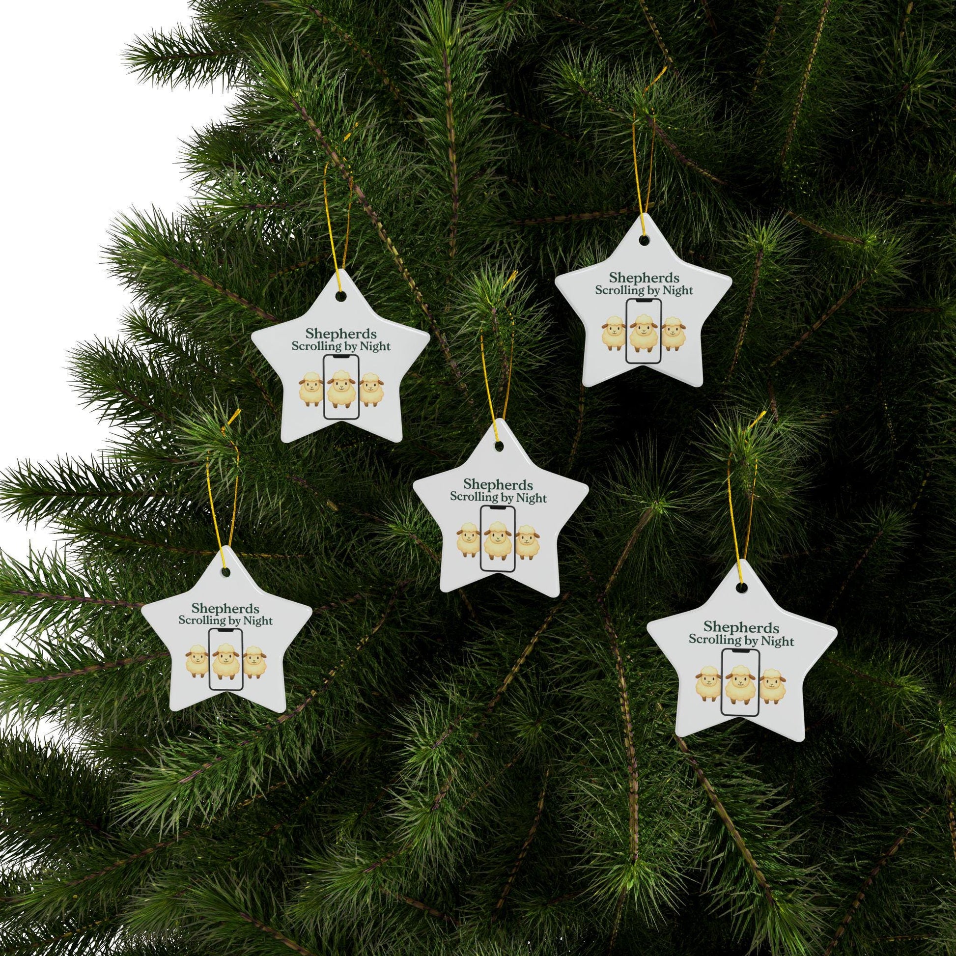 Ceramic Nativity Ornament: Shepherds Scrolling by Night, Religious Christmas Decor