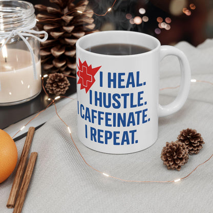 Motivational Healthcare Worker Mug: Heal Hustle Caffeinate Repeat