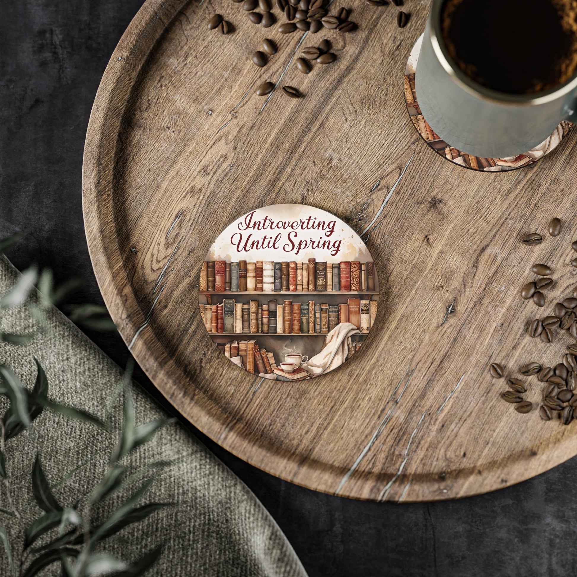 Book Lover Coasters: 'Introverting Until Spring' - Cozy Home Decor