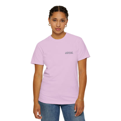 Embroidered Button Pusher T-Shirt: Funny Gen X Work Shirt