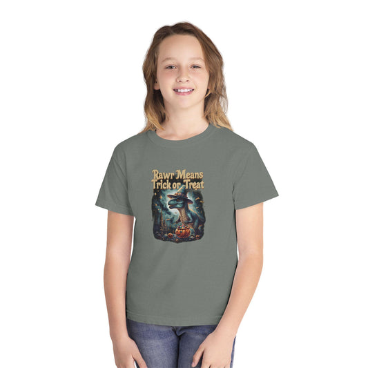 Halloween Dinosaur Youth Tee: "Rawr Means Trick or Treat"