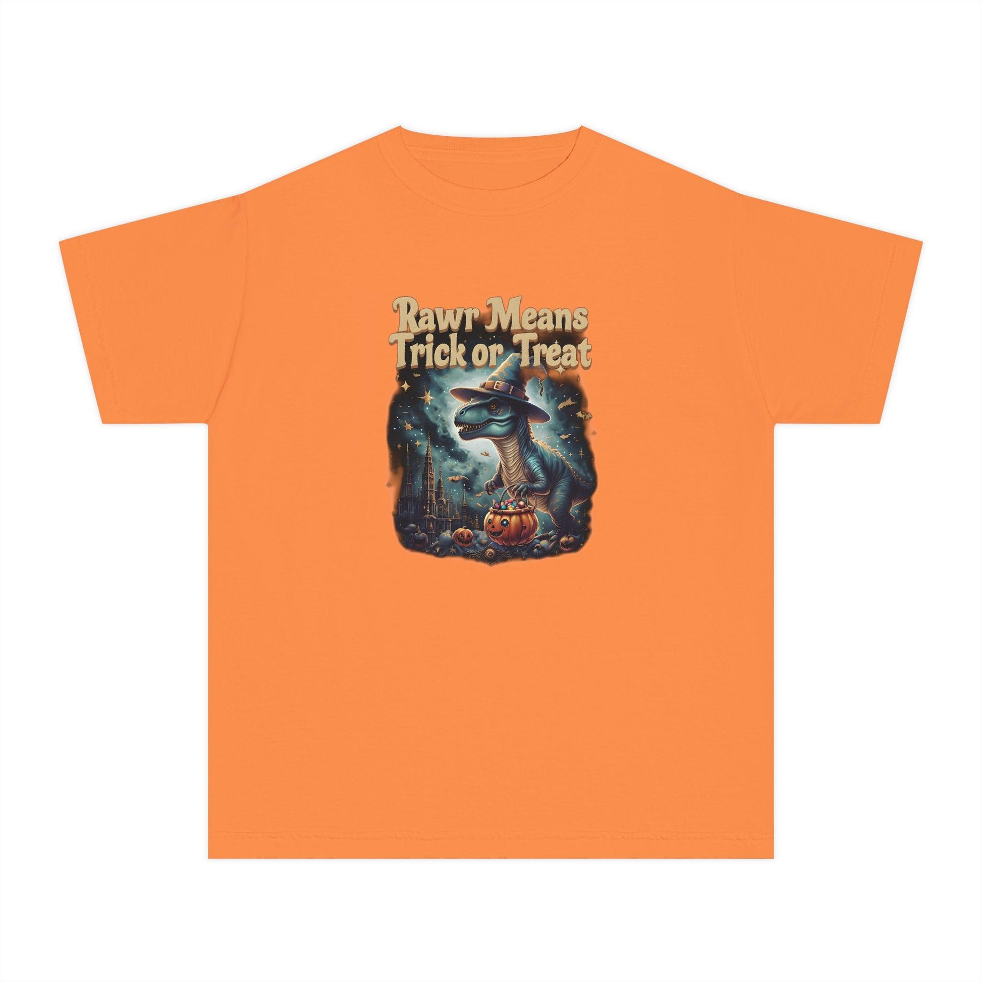 Halloween Dinosaur Youth Tee: "Rawr Means Trick or Treat"