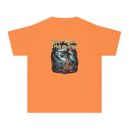 Halloween Dinosaur Youth Tee: "Rawr Means Trick or Treat"