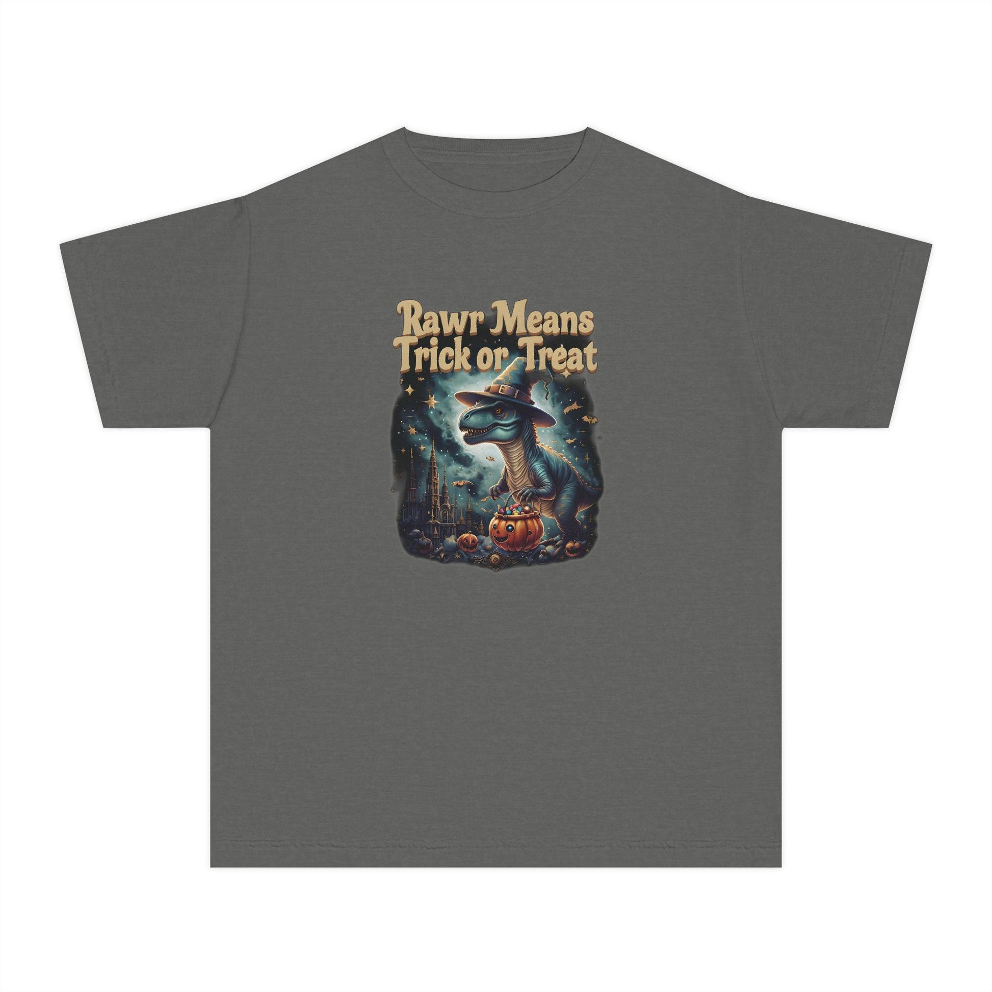 Halloween Dinosaur Youth Tee: "Rawr Means Trick or Treat"