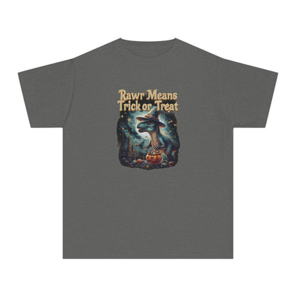 Halloween Dinosaur Youth Tee: "Rawr Means Trick or Treat"