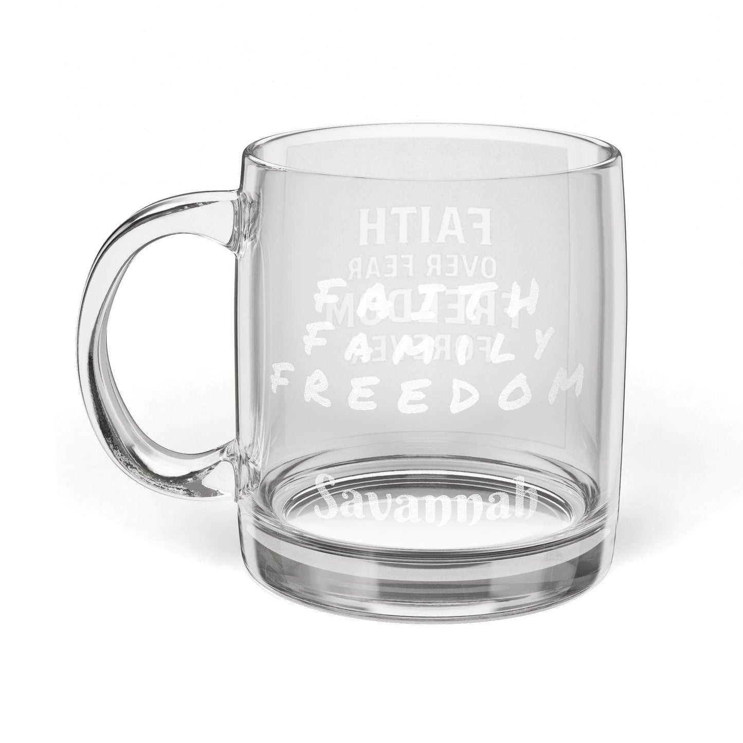 Engraved Glass Coffee Mug: Faith Over Fear, Inspirational Religious Gift