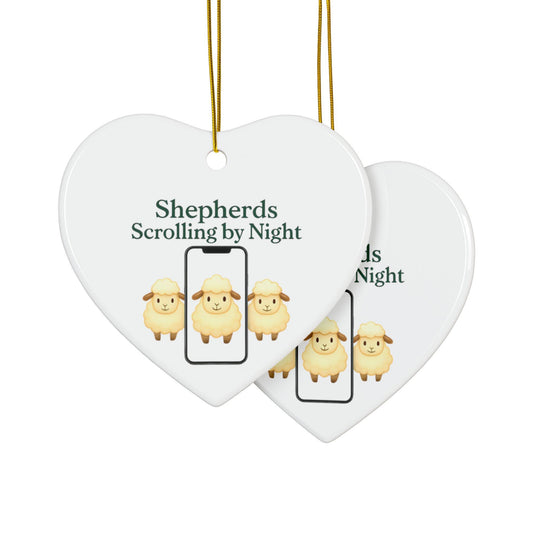 Ceramic Nativity Ornament: Shepherds Scrolling by Night, Religious Christmas Decor