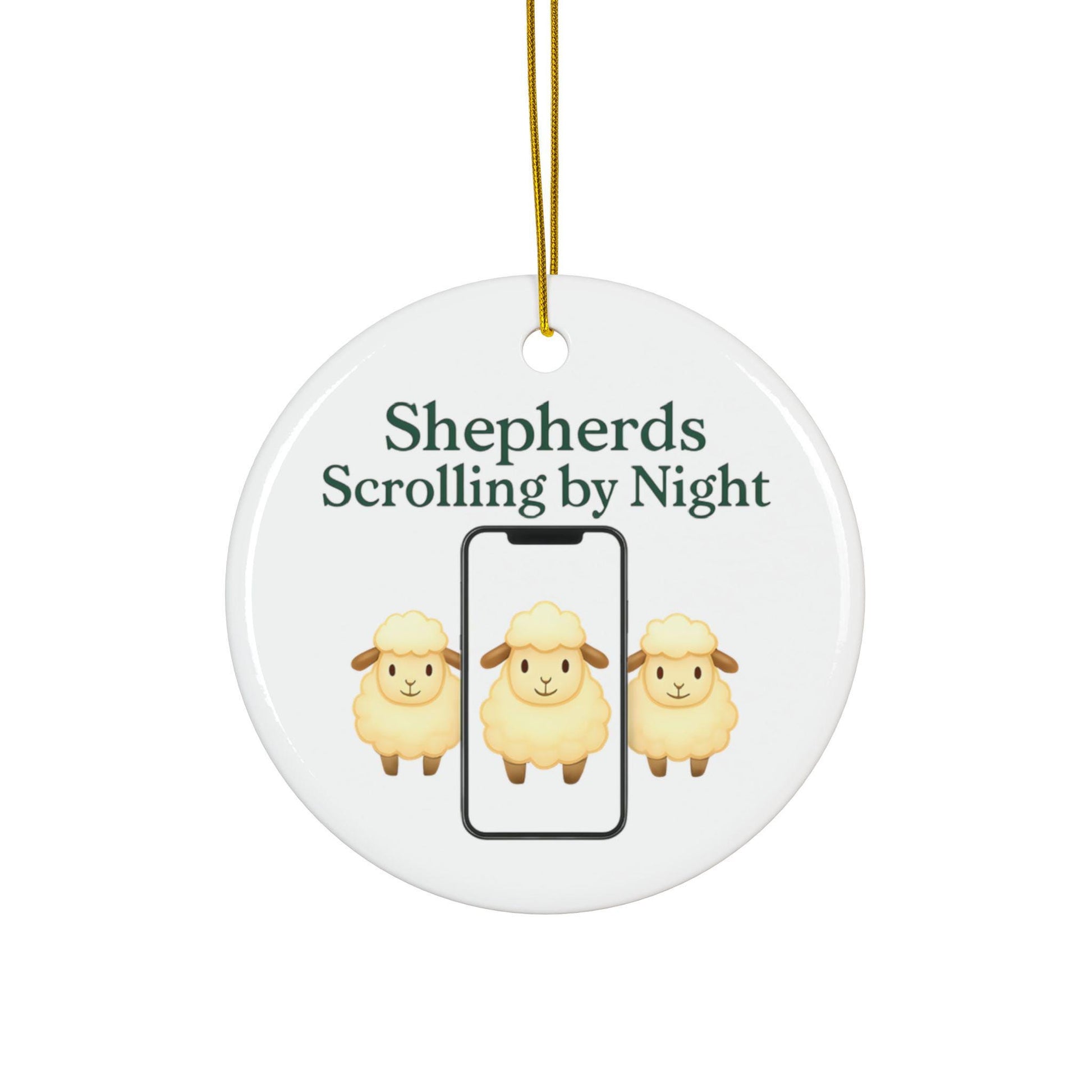 Ceramic Nativity Ornament: Shepherds Scrolling by Night, Religious Christmas Decor