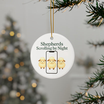 Ceramic Nativity Ornament: Shepherds Scrolling by Night, Religious Christmas Decor