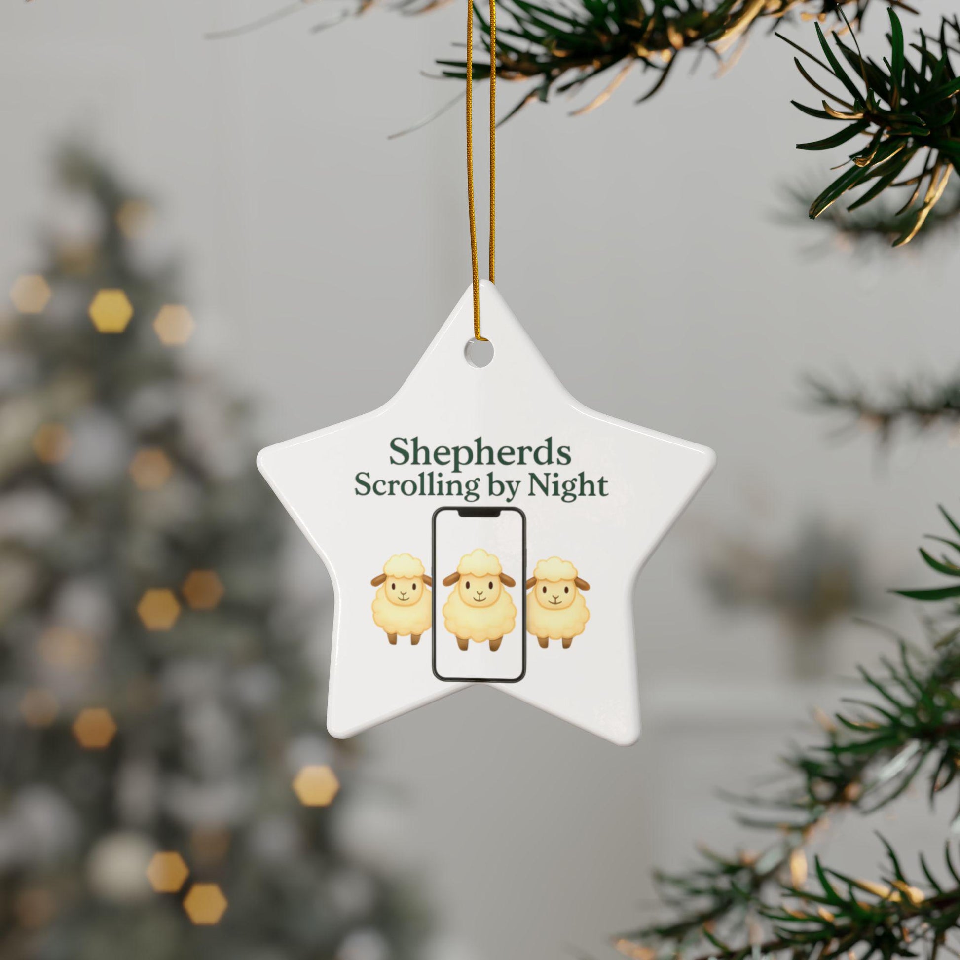Ceramic Nativity Ornament: Shepherds Scrolling by Night, Religious Christmas Decor
