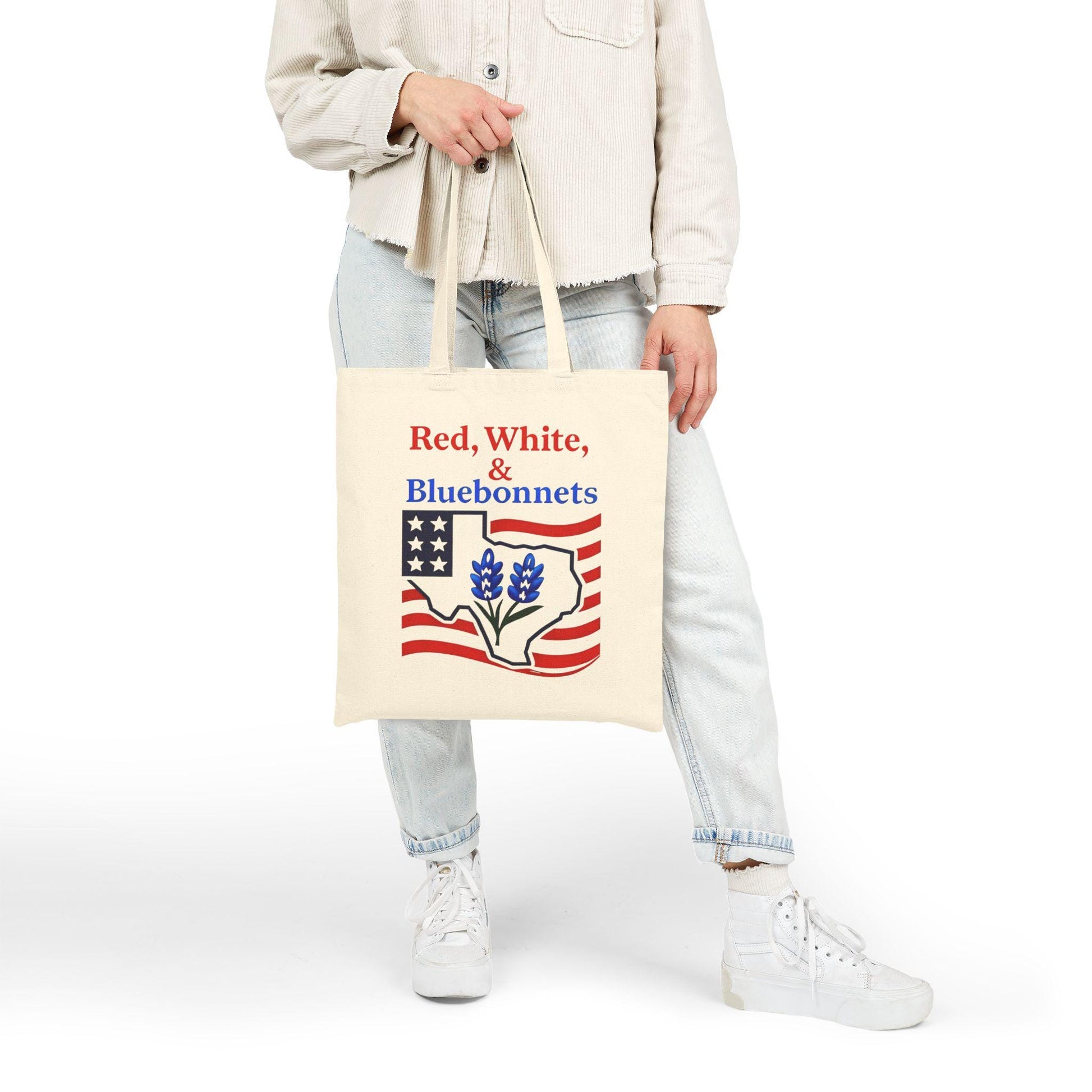 Patriotic Cotton Canvas Tote Bag - Red, White, and Bluebonnets, Eco-Friendly Shopping, Gift for Texas Lovers, Independence Day, Casual [...]