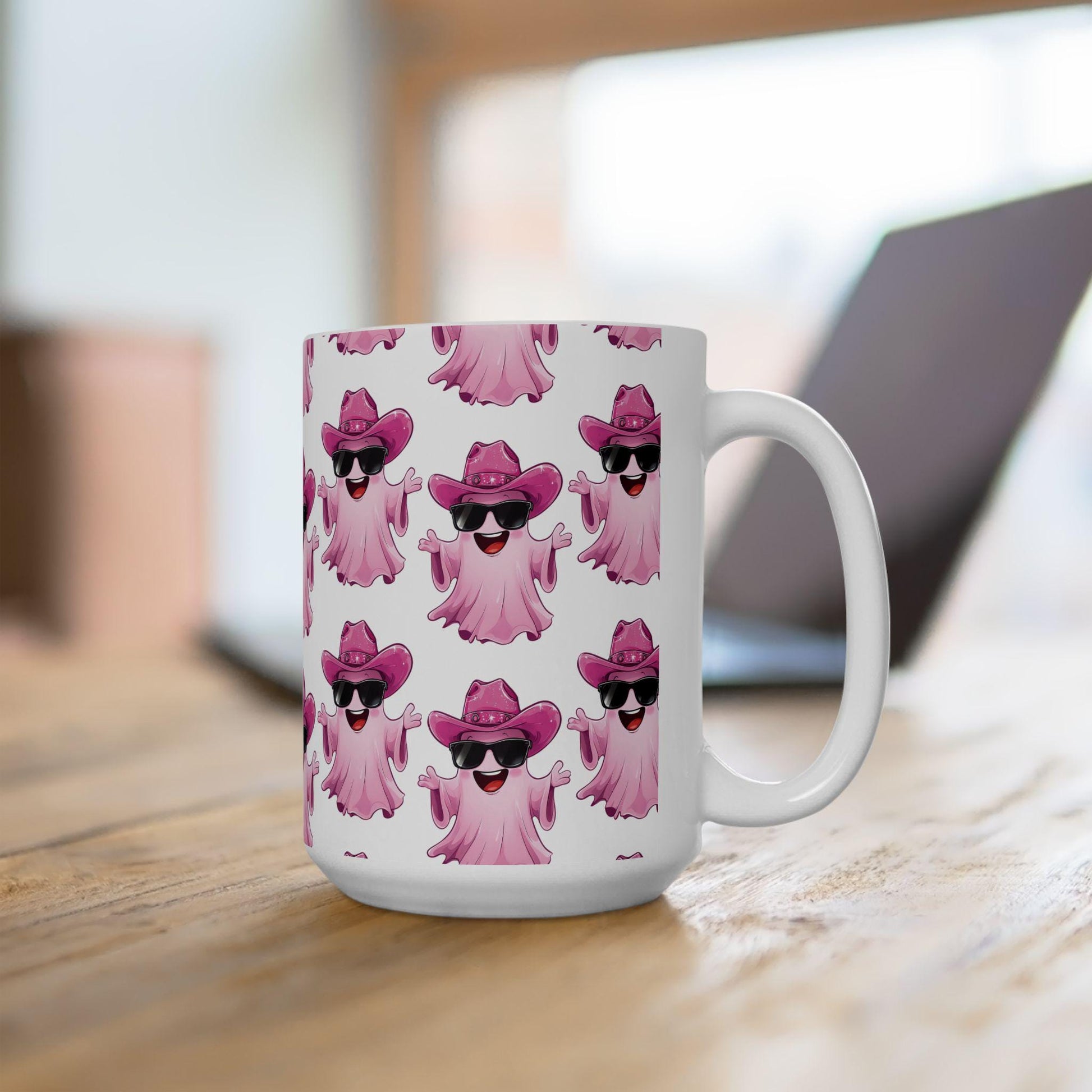 Playful Pink Ghost Mug - Fun Coffee Cup for Halloween Parties, Gifts, or Daily Use, 11oz, 15oz