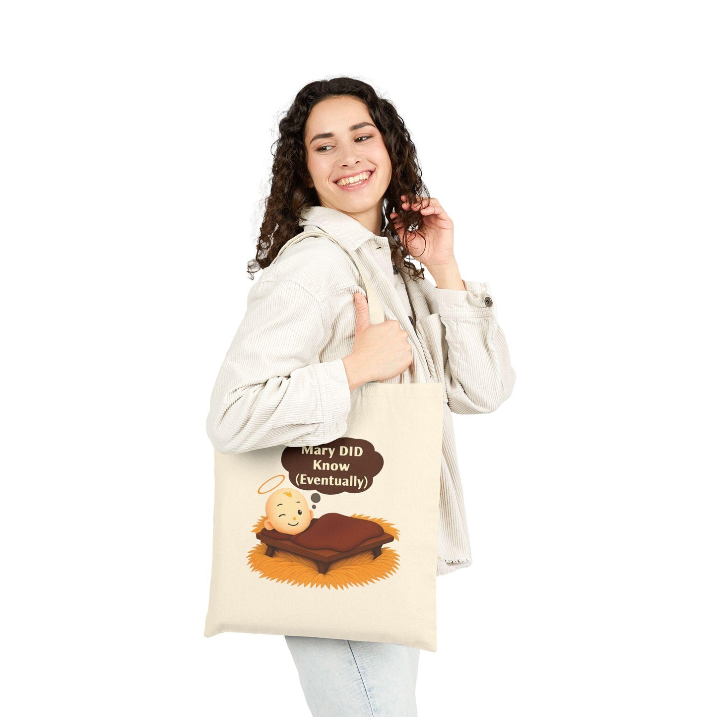 Christian Humor Cotton Canvas Tote Bag, Mary DID Know (Eventually), Christmas Gifts, Funny Reusable Shopping Bag, Religious Joke,