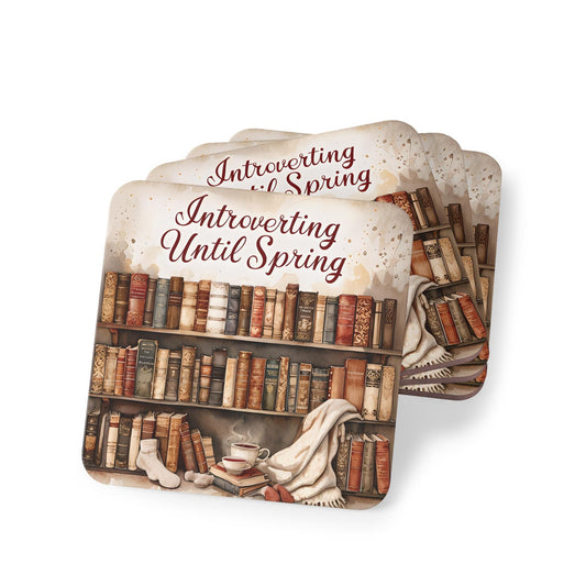 Book Lover Coasters: 'Introverting Until Spring' - Cozy Home Decor