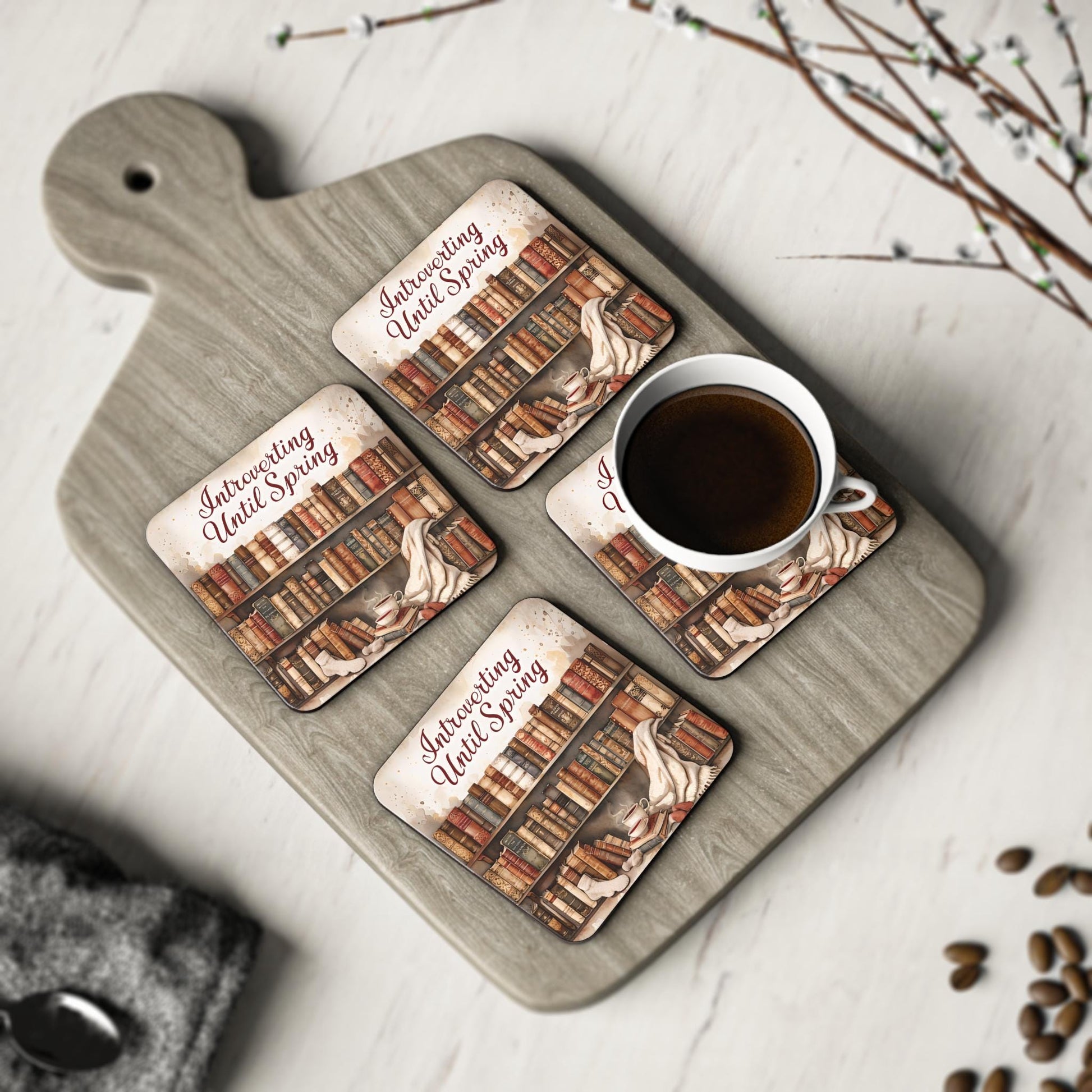 Book Lover Coasters: 'Introverting Until Spring' - Cozy Home Decor
