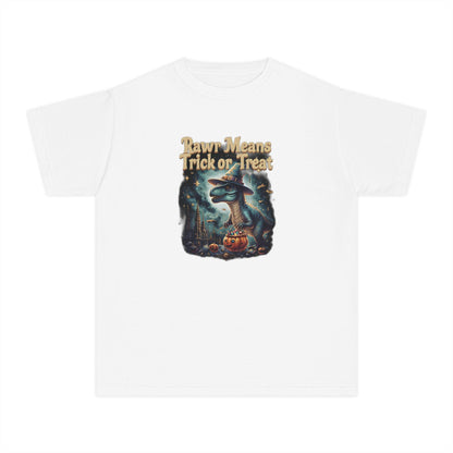 Halloween Dinosaur Youth Tee: "Rawr Means Trick or Treat"