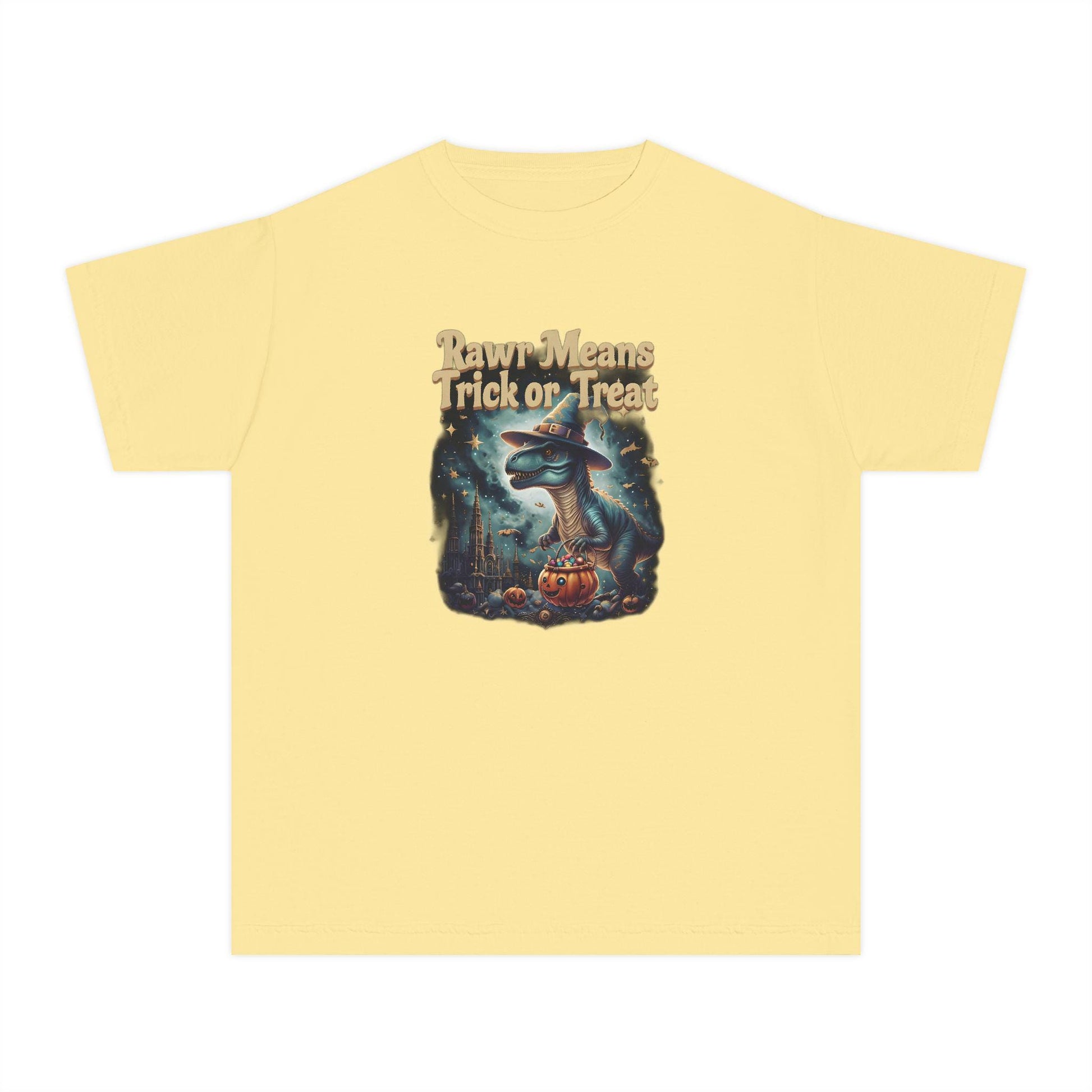 Halloween Dinosaur Youth Tee: "Rawr Means Trick or Treat"
