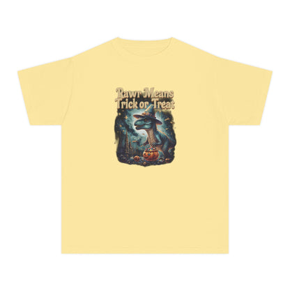 Halloween Dinosaur Youth Tee: "Rawr Means Trick or Treat"
