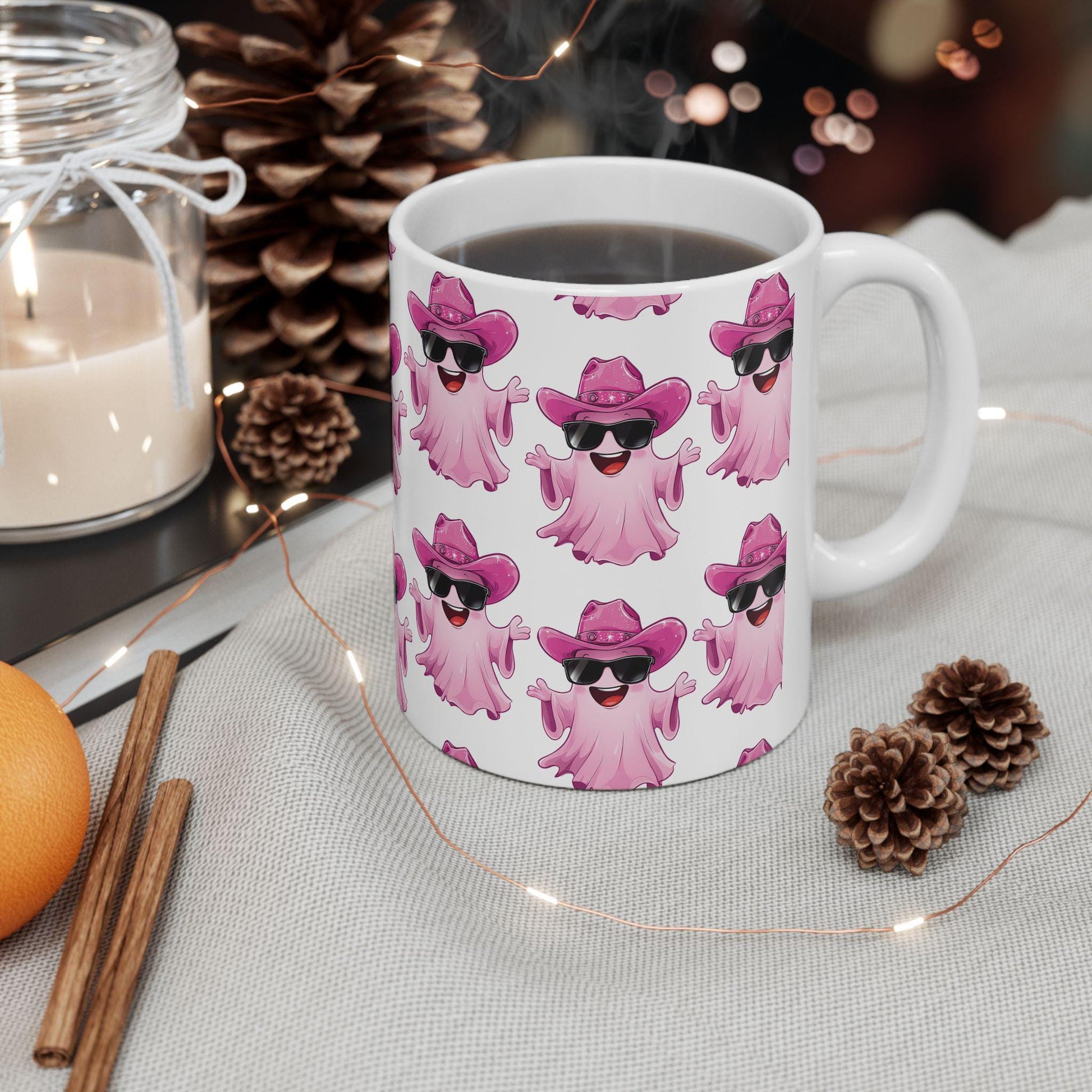 Playful Pink Ghost Mug - Fun Coffee Cup for Halloween Parties, Gifts, or Daily Use, 11oz, 15oz